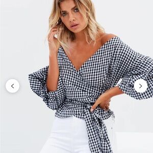 Lioness Revolve Women Esmeralda Wrap Top Gingham Black White Check Front Tie XS